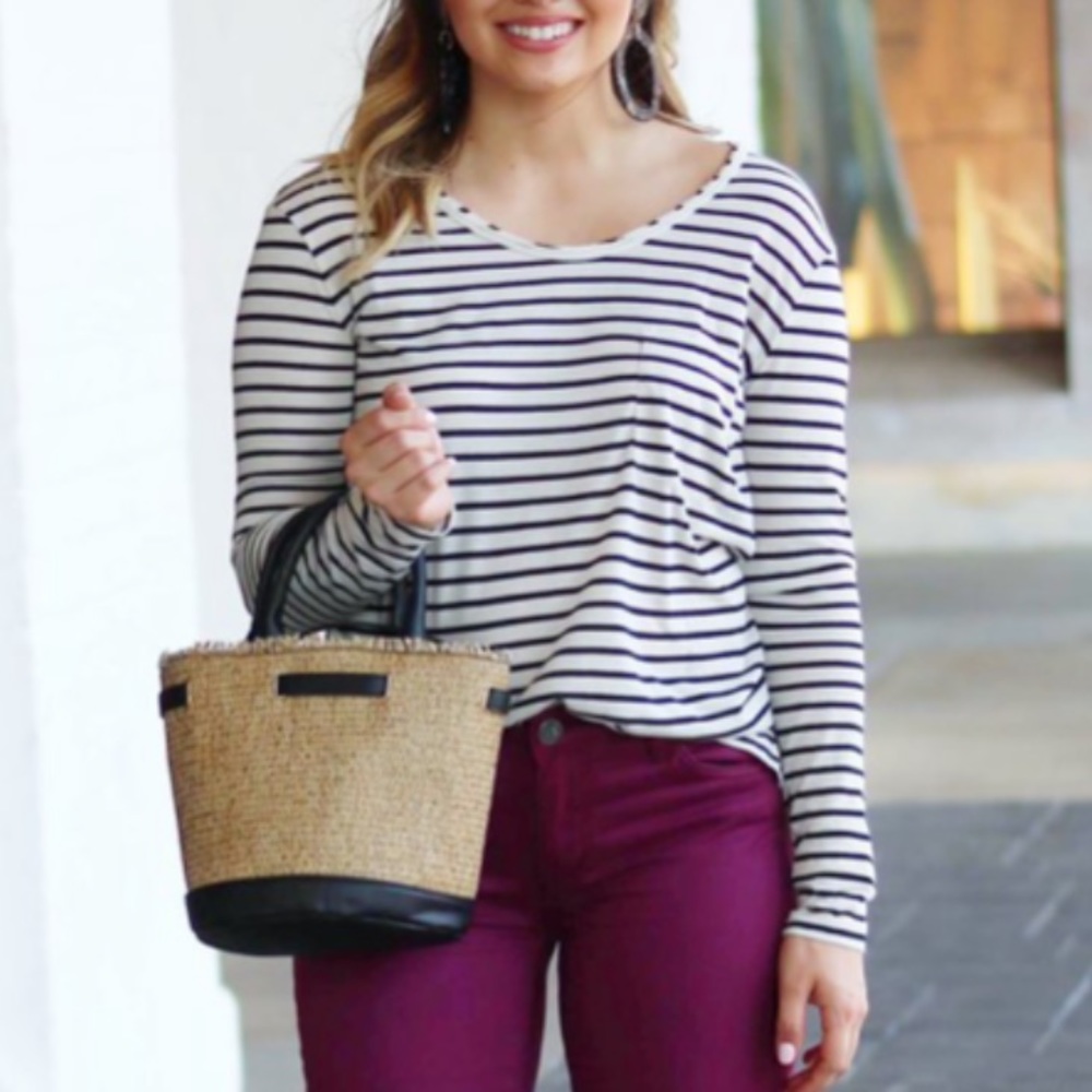 BP Striped Scoop Neck Long Sleeve Top